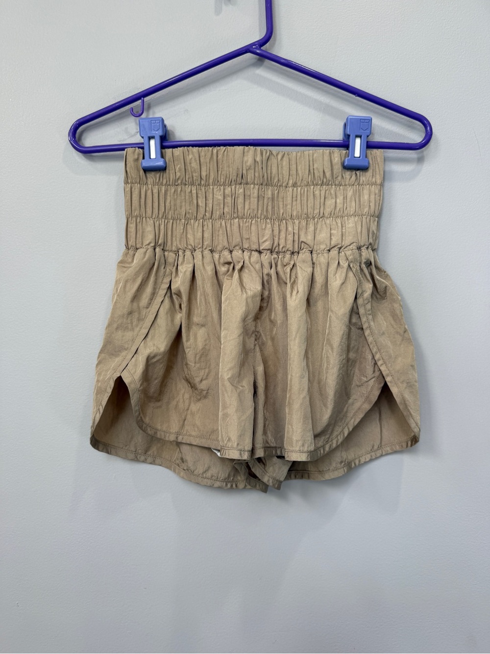 FP Movement by Free People Tan Smocked High-Rise Flared Athletic Shorts